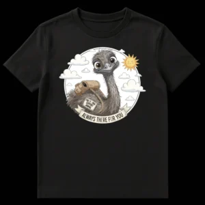 Cartoon emu t-shirt with 'EMU-TI-ONAL SUPPORT ANIMAL' pun and 'ALWAYS THERE FOR YOU' text, against a white circular background with clouds and a smiling sun. on Black t-shirt