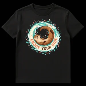 Happy cartoon otter floating on its back in swirling water with text "ENJOY YOUR RIDE" above it. Whimsical illustration, teal, coral, and brown colors on a black background. on Black t-shirt