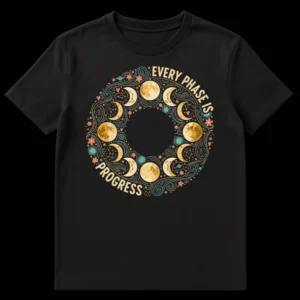 Every Phase Is Progress t-shirt with celestial moon phases and stars design in golden yellow and teal on Black t-shirt