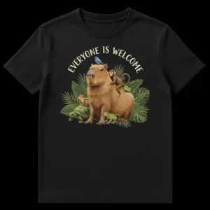 Capybara t-shirt with 'EVERYONE IS WELCOME' text, showing a capybara surrounded by a monkey, bird, frogs, turtle, and chipmunk in tropical foliage. on Black t-shirt