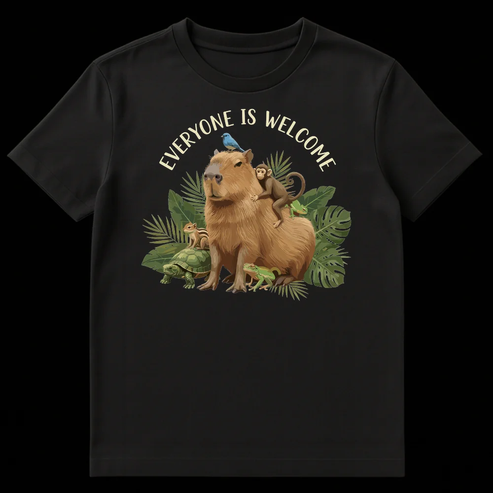 Capybara t-shirt with 'EVERYONE IS WELCOME' text, showing a capybara surrounded by a monkey, bird, frogs, turtle, and chipmunk in tropical foliage. on Black t-shirt