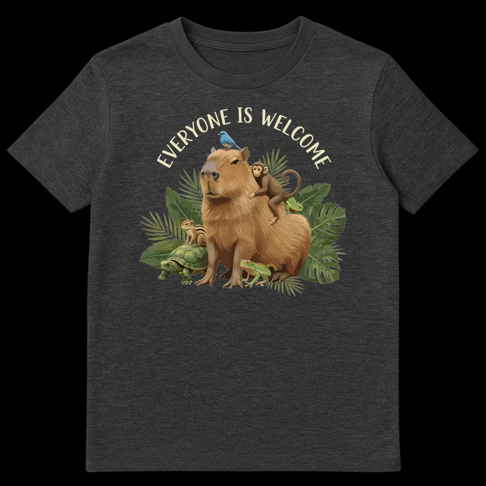 Capybara t-shirt with 'EVERYONE IS WELCOME' text, showing a capybara surrounded by a monkey, bird, frogs, turtle, and chipmunk in tropical foliage. on Dark Heather t-shirt