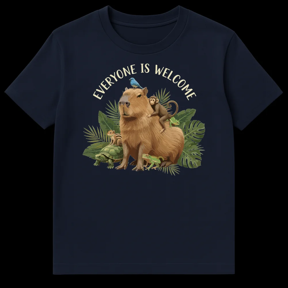 Capybara t-shirt with 'EVERYONE IS WELCOME' text, showing a capybara surrounded by a monkey, bird, frogs, turtle, and chipmunk in tropical foliage. on Navy Blue t-shirt