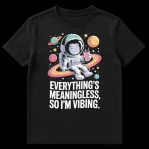 Relaxed astronaut floating in space with planets, holding a pink drink, with text 'EVERYTHING'S MEANINGLESS, SO I'M VIBING.' on Black t-shirt