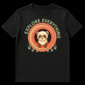 Cute ferret peeking from a burrow on a t-shirt with 'EXPLORE EVERYTHING' text, vintage style on Black t-shirt