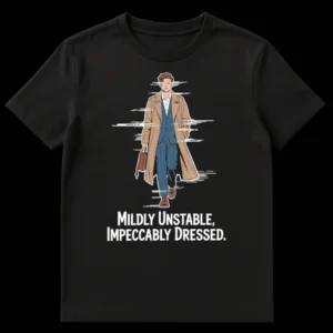 T-shirt featuring a stylish, glitch-effect male figure in a trench coat with text 'MILDLY UNSTABLE, IMPECCABLY DRESSED.' on Black t-shirt
