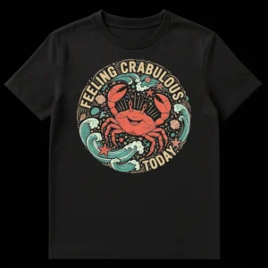 Cheerful 'FEELING CRABULOUS TODAY' t-shirt featuring a smiling crab with ocean waves, starfish, and seashells. on Black t-shirt