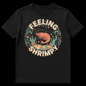 Feeling Shrimpy retro cartoon t-shirt with whimsical shrimp, seaweed, and bubbles on black on Black t-shirt
