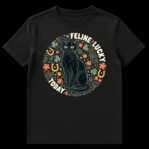 Feline Lucky Today Black Cat T-Shirt with clovers, horseshoes, and coins on a black background on Black t-shirt