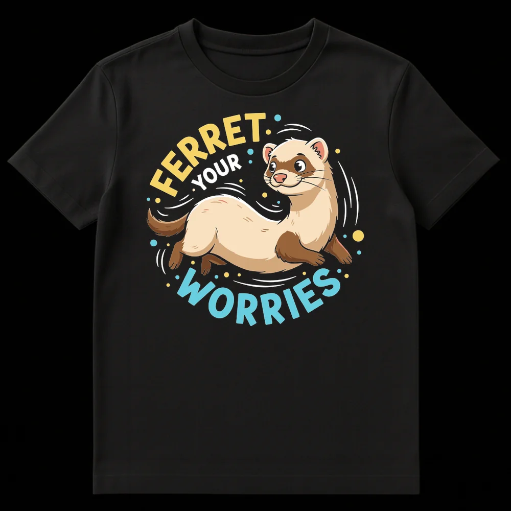 Cute cartoon ferret t-shirt design with the text 'FERRET YOUR WORRIES', in a playful style with a cream, brown, yellow, and blue color palette. on Black t-shirt