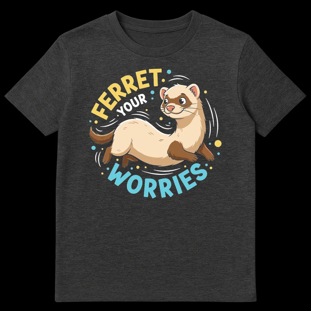 Cute cartoon ferret t-shirt design with the text 'FERRET YOUR WORRIES', in a playful style with a cream, brown, yellow, and blue color palette. on Dark Heather t-shirt