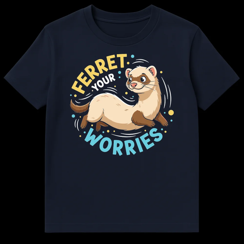 Cute cartoon ferret t-shirt design with the text 'FERRET YOUR WORRIES', in a playful style with a cream, brown, yellow, and blue color palette. on Navy Blue t-shirt