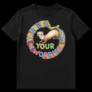 Colorful ferret t-shirt with a ferret emerging from a rainbow tunnel and the text 'FERRET YOUR WORRIES' on Black t-shirt