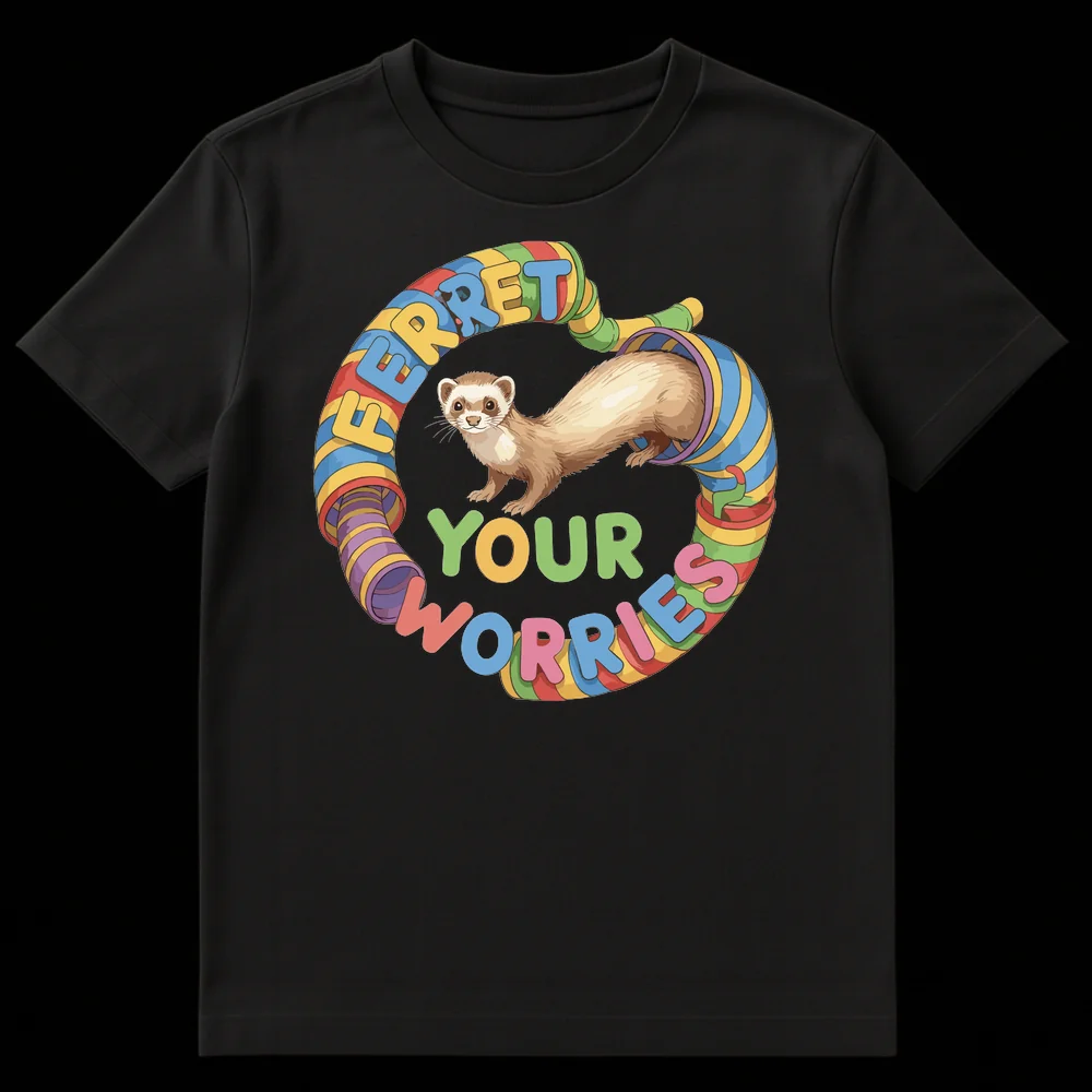 Colorful ferret t-shirt with a ferret emerging from a rainbow tunnel and the text 'FERRET YOUR WORRIES' on Black t-shirt