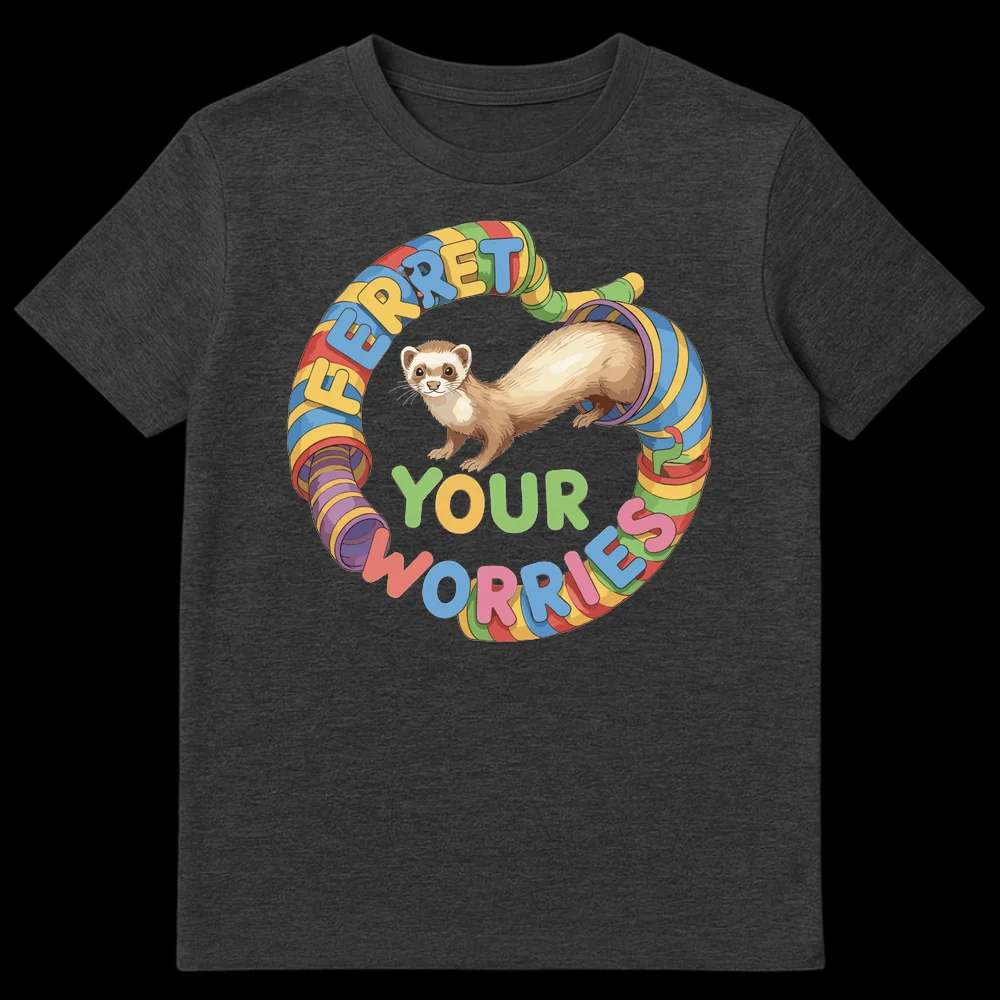 Colorful ferret t-shirt with a ferret emerging from a rainbow tunnel and the text 'FERRET YOUR WORRIES' on Dark Heather t-shirt