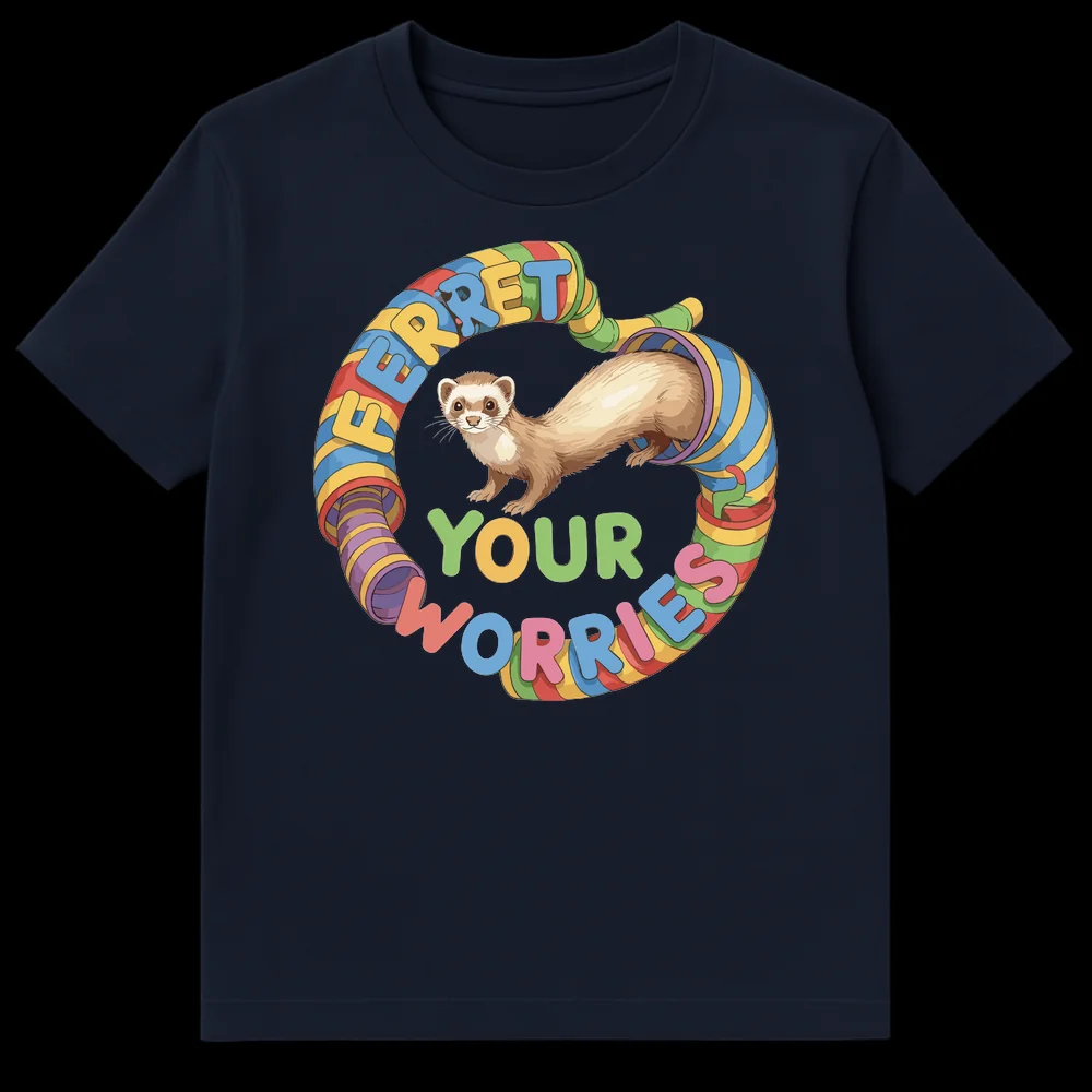 Colorful ferret t-shirt with a ferret emerging from a rainbow tunnel and the text 'FERRET YOUR WORRIES' on Navy Blue t-shirt