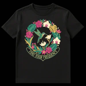 Hummingbird and Tropical Flowers T-Shirt with 'Find Your Frequency' text on Black t-shirt