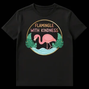 FLAMINGLE WITH KINDNESS t-shirt featuring a pink flamingo in a tropical setting with a golden border on Black t-shirt