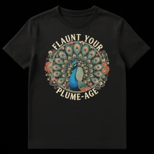 Majestic peacock t-shirt with 'FLAUNT YOUR PLUME-AGE' text. Features vibrant Art Nouveau style feathers and floral elements on a black background. on Black t-shirt