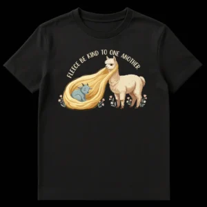 T-shirt with a fluffy llama sheltering a goat kid in its fleece, text says FLEECE BE KIND TO ONE ANOTHER, against a black background. on Black t-shirt