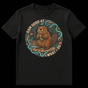 A rustic cartoon beaver t-shirt design with the text 'DAM GOOD AT • WHAT I DO', featuring a happy beaver building a dam amidst logs, water, and foliage. on Black t-shirt