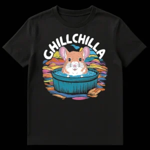 CHILLCHILLA t-shirt design showing a relaxed chinchilla taking a water bath in a bowl with colorful background on Black t-shirt