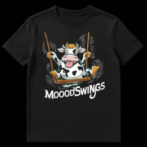 Cartoon cow on a swing with 'MOOODSWINGS' text, depicting a humorous pun on mood swings. on Black t-shirt