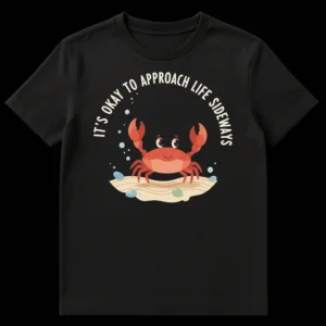 Cheerful red crab t-shirt with text 'IT'S OKAY TO APPROACH LIFE SIDEWAYS' on a dark background on Black t-shirt