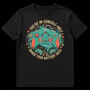 Humorous black t-shirt with a teal crying game controller and the pun 'YOU'RE IN-CONSOLE-ABLE (WHEN YOUR BATTERY DIES)', plus 'FUEL: PIZZA & CHIPS'. on Black t-shirt