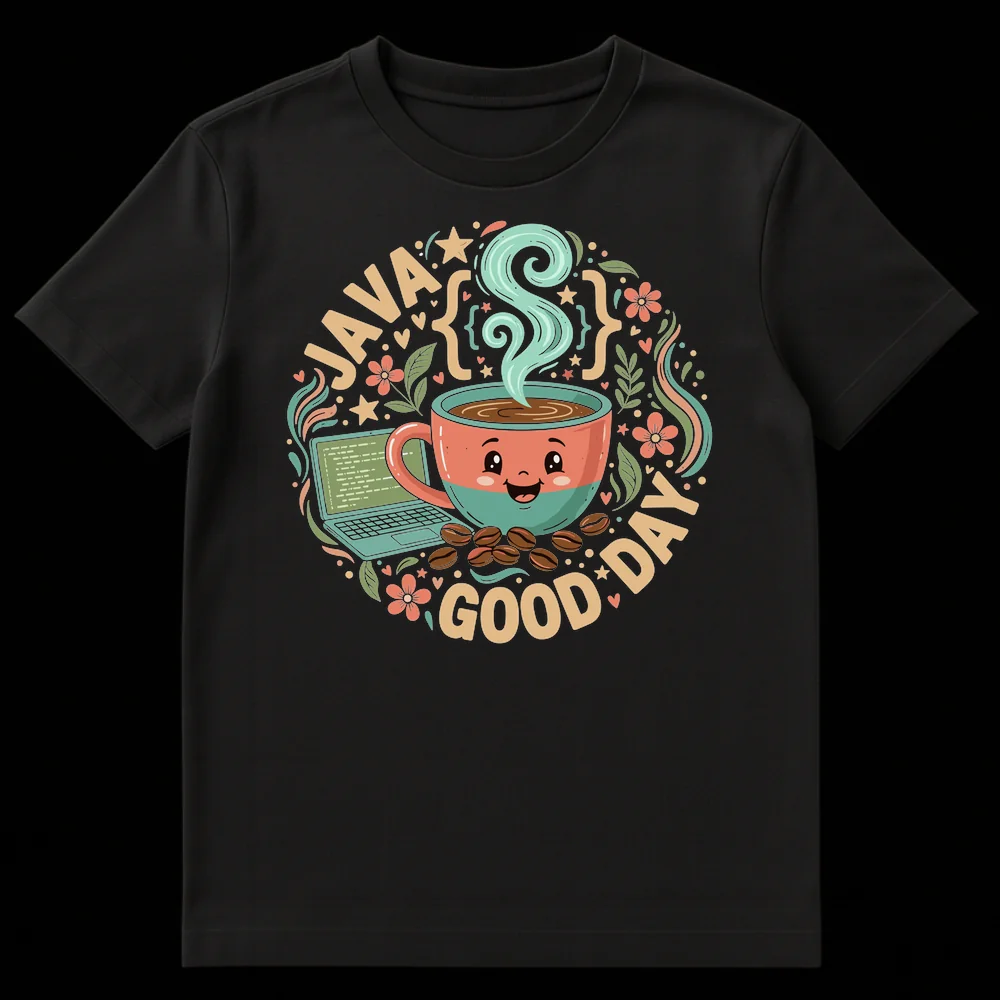 JAVA GOOD DAY t-shirt design featuring a cheerful anthropomorphic coffee cup, laptop with code, and curly braces on a black background on Black t-shirt