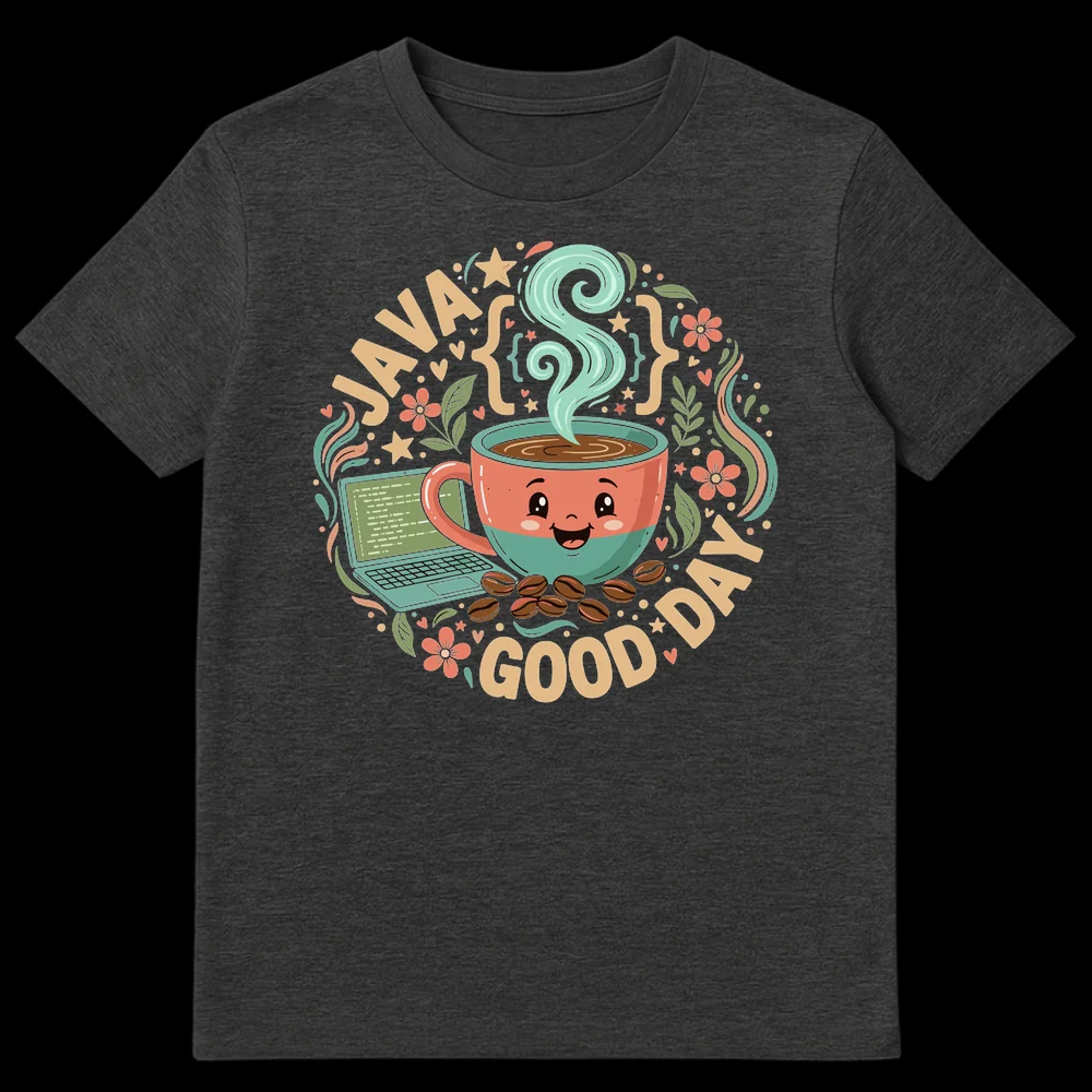 JAVA GOOD DAY t-shirt design featuring a cheerful anthropomorphic coffee cup, laptop with code, and curly braces on a black background on Dark Heather t-shirt