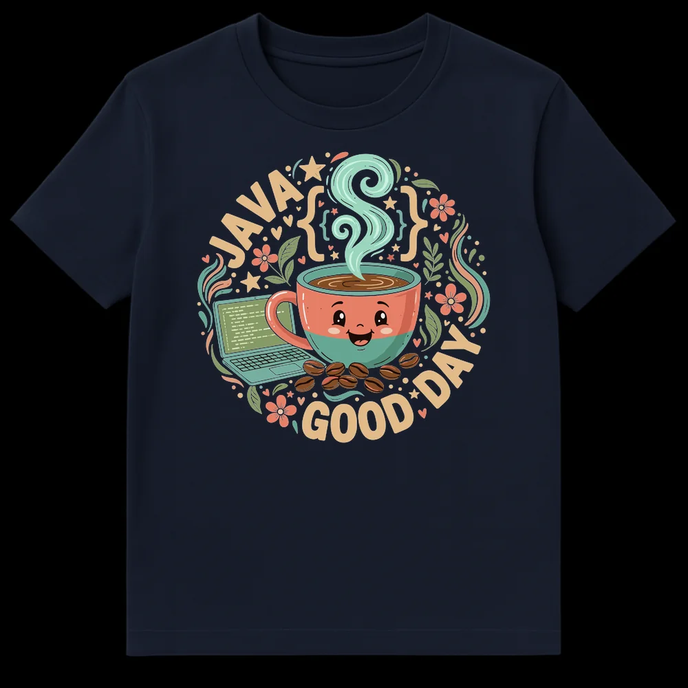 JAVA GOOD DAY t-shirt design featuring a cheerful anthropomorphic coffee cup, laptop with code, and curly braces on a black background on Navy Blue t-shirt