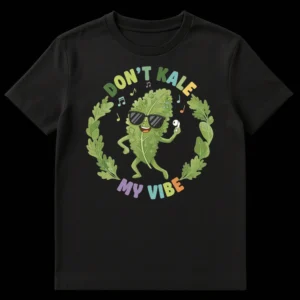 Don't Kale My Vibe t-shirt with a dancing kale leaf wearing sunglasses and earbuds, surrounded by music notes, on a black background. on Black t-shirt