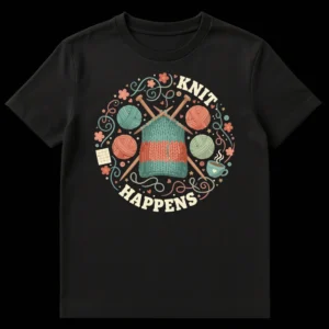 Whimsical Knit Happens T-Shirt with knitting needles, yarn, and teacup in earthy colors on black background on Black t-shirt