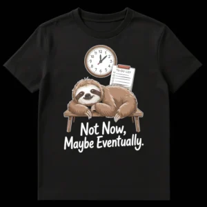 Humorous t-shirt design with a relaxed sloth, a clock showing nearly 2 o'clock, an empty TO-DO LiST clipboard, and the text 'Not Now, Maybe Eventually.' The sloth is light brown with white facial mask and dark brown accents, against a black background. on Black t-shirt
