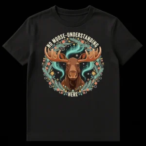 Stylized moose t-shirt with 'NO MOOSE-UNDERSTANDING HERE' text, folk art wreath, and aurora borealis on a black background. on Black t-shirt