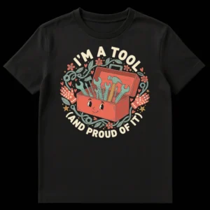 Retro cartoon t-shirt design with a smiling toolbox and various tools, text 'I'M A TOOL (AND PROUD OF IT)' on Black t-shirt