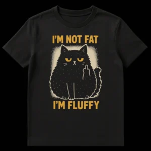 Humorous 'I'M NOT FAT I'M FLUFFY' t-shirt with a grumpy black cat giving the middle finger, vintage style print on Black t-shirt