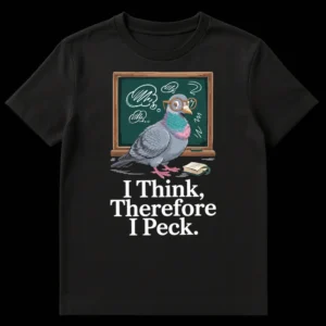 Cartoon pigeon with glasses and blackboard, I Think Therefore I Peck text, philosophical pun t-shirt design on Black t-shirt