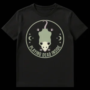 Opossum playing dead inside t-shirt with celestial moons and stars, dark humor design on Black t-shirt