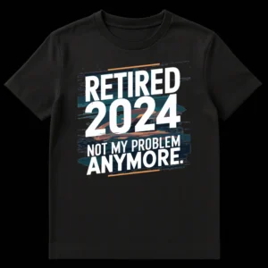 RETIRED 2024 NOT MY PROBLEM ANYMORE. T-shirt design in bold distressed white text with grunge background in teal, blue, and orange on Black t-shirt