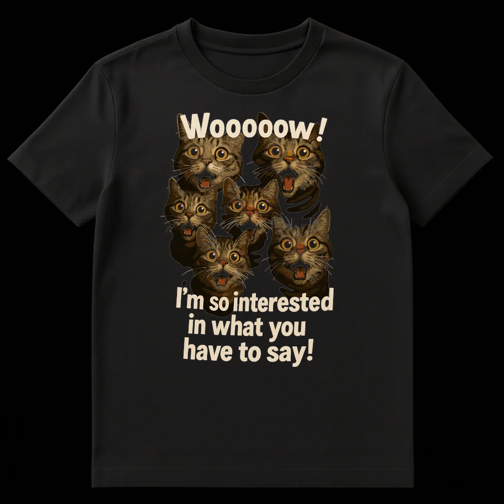 Six wide-eyed tabby cats with open mouths and text 'Woooooow! I'm so interested in what you have to say!' on a black t-shirt. on Black t-shirt
