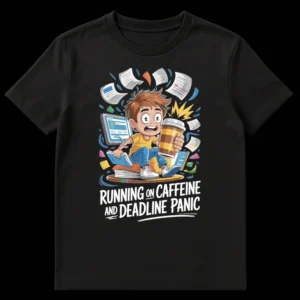 Humorous t-shirt design showing a panicked person with coffee and papers, text reads "Running on Caffeine and Deadline Panic" on Black t-shirt