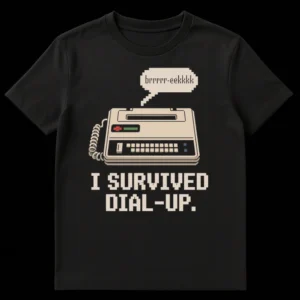 Pixel art t-shirt design featuring a dial-up modem with a speech bubble saying 'brrrrr-eekkkk' and text 'I SURVIVED DIAL-UP.' on Black t-shirt