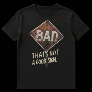 Distressed grunge t-shirt with a rusty diamond warning sign reading 'BAD' and the text 'THAT'S NOT A GOOD SIGN.' in faded cream letters below, on a black background. on Black t-shirt