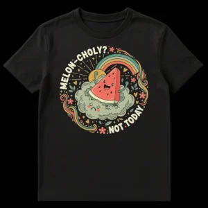 Retro-style t-shirt design with a smiling watermelon on a sad cloud, surrounded by stars and a rainbow, text reads 'MELON-CHOLY? NOT TODAY.' on Black t-shirt