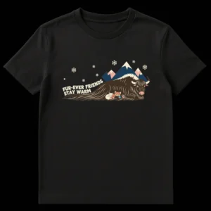 T-shirt with a cartoon illustration of a yak sheltering an arctic fox, red panda, bird, and mouse in snowy mountains, with text 'FUR-EVER FRIENDS STAY WARM' on Black t-shirt