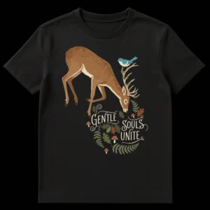 Black t-shirt with 'GENTLE SOULS UNITE' text and a folk art illustration of a deer, bird, ferns, and mushrooms in earthy tones. on Black t-shirt