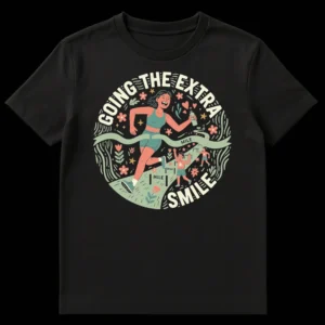 Woman running in 'Going The Extra Smile' t-shirt, cheerful fitness design with floral accents on Black t-shirt