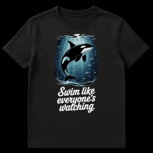 Orca Motivation T-Shirt with 'Swim like everyone's watching' text, featuring a breaching killer whale surrounded by water and fish on Black t-shirt